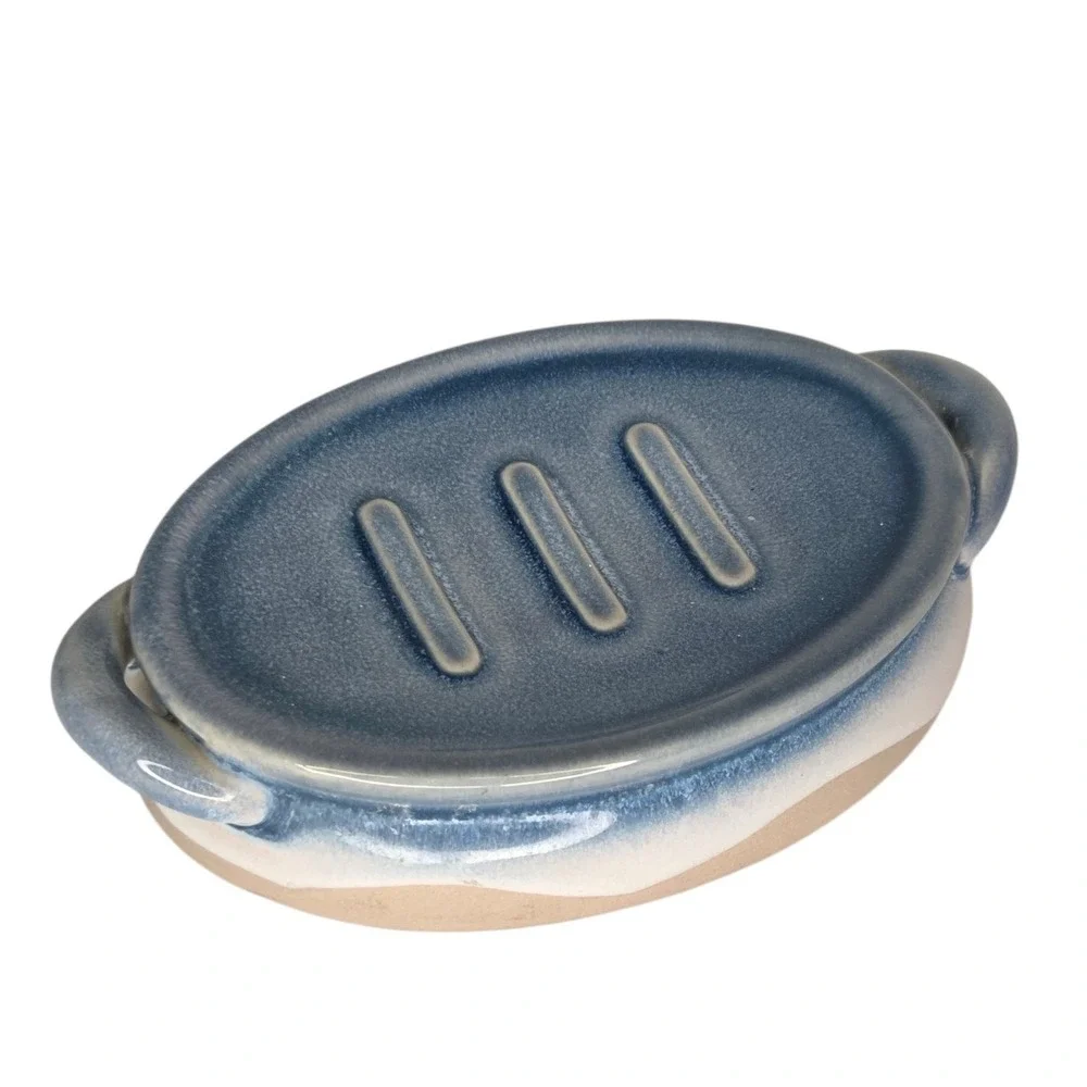 VTG Blue Reactive Glaze Ceramic Soap Dish Oval Ombre Pottery with Handles